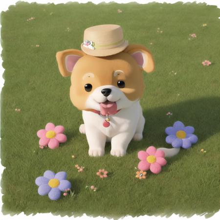 00040-296869395-(masterpiece, best quality_1.1)A cute dog,  in a flowery dress with a  hat on the grass. Soft light and white background，Chibi,.png